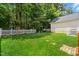 Lush backyard with green grass, mature trees, and a charming white picket fence at 121 Fort Jackson Rd, Morrisville, NC 27560