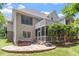 Back exterior view with stone patio, hot tub, porch, and well-manicured lawn and landscaping at 1211 E Pointe Dr, Durham, NC 27712