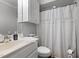 Cozy bathroom featuring white vanity, neutral walls and a shower curtain at 1731 Malone Rd # A, Burlington, NC 27215