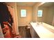 Bathroom showcasing a vanity with sink, a mirror and stylish wood-look flooring at 2039 Alderman Way, Creedmoor, NC 27522