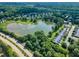 Overhead view of community pond, surrounded by homes and lush landscaping, with a fountain in the center at 240 Meadow Beauty Dr, Apex, NC 27539