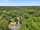 This aerial view shows lush, green trees surrounding homes, with a distant cityscape under a blue sky at 2725 Rosedale Ave, Raleigh, NC 27607