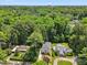 Aerial view of homes with manicured lawns and mature trees leading to a distant city skyline under a blue sky at 2725 Rosedale Ave, Raleigh, NC 27607