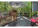 Backyard deck offers a shady retreat, overlooking lush greenery, creating a peaceful outdoor space at 3587 Garner Terrace Way, Wake Forest, NC 27587