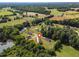 Expansive aerial view of a charming home nestled amongst lush, mature trees and verdant landscaping in a serene neighborhood at 567 E Ridge Ave, Liberty, NC 27298