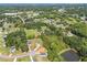 This aerial shot displays the property's boundaries, on a generous lot bordered by mature trees in a quiet neighborhood at 567 E Ridge Ave, Liberty, NC 27298