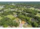 Aerial view displays the property's boundaries on a generous lot bordered by mature trees in a quiet neighborhood at 567 E Ridge Ave, Liberty, NC 27298