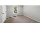 Bright bedroom features neutral carpet, gray walls, white trim, and a window overlooking a green backyard at 6009 Shadow Moss Cir, Raleigh, NC 27603