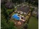 Beautiful home with lush landscaped backyard, featuring a swimming pool, fire pit, and cozy outdoor seating area at 814 Covered Bridge Trl, Chapel Hill, NC 27517