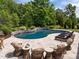 Stunning pool area with comfortable lounge chairs, a spacious patio, and lush greenery at 814 Covered Bridge Trl, Chapel Hill, NC 27517
