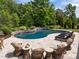 Backyard pool area featuring stone patio, lounge chairs, and lush landscaping at 814 Covered Bridge Trl, Chapel Hill, NC 27517