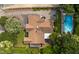 Aerial shot of the home highlighting the backyard pool, well-manicured lawn, and outdoor living area at 821 Woodburn Rd, Raleigh, NC 27605