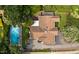 Home aerial view showing the refreshing pool, lush greenery, and a spacious backyard perfect for entertaining at 821 Woodburn Rd, Raleigh, NC 27605