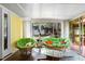 Bright sunroom with slate floors, modern glass coffee table, and comfortable green papasan chairs at 821 Woodburn Rd, Raleigh, NC 27605