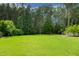 An expansive backyard offers beautiful green grass and lots of trees for a private backyard retreat at 8909 Tara Hill Ln, Wake Forest, NC 27587