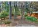 Backyard walkway featuring a wooden trellis and surrounded by trees and white flowering bushes at 104 Shady Ridge Ct, Apex, NC 27502