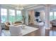 Elegant living room with large windows, hardwood floors, and stylish contemporary furniture at 112 Bellmont Crest Dr, Holly Springs, NC 27540