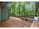 Charming back deck featuring built-in bench seating and a peaceful view of the wooded surroundings at 15 Gray Fox Ct, Durham, NC 27713