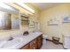 Well-lit bathroom features dual sinks, wooden vanity, and decorative shelving for added storage at 2642 Holly Springs Church Rd, Broadway, NC 27505