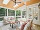 Relaxing screened-in patio with wood ceiling, comfortable seating, and scenic backyard views at 305 Promontory Point Dr, Cary, NC 27513