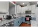 Bright kitchen featuring stainless steel appliances, granite countertops, and stylish blue and white cabinetry at 315 Watchmen Ln, Cameron, NC 28326