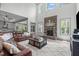 Inviting living room featuring a stone fireplace, tall windows, and modern furnishings at 4105 Bankshire Ln, Raleigh, NC 27603