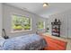 Bright bedroom with large windows, view of the backyard, and decor on shelving unit at 516 Culmore Dr, Fuquay Varina, NC 27526