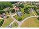 Aerial view of a home with a pool, a fire pit and a well-manicured lawn at 5405 Overdale Ln, Raleigh, NC 27603