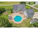 Stunning aerial view of home featuring a private pool, outdoor fireplace, and meticulously landscaped backyard at 5405 Overdale Ln, Raleigh, NC 27603