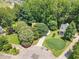 Aerial view of property showing mature trees, driveway, cul-de-sac, and landscaped front yard at 6328 Jones Farm Rd, Wake Forest, NC 27587