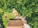 Aerial view of back of house with large deck, surrounded by trees, and green lawn at 6328 Jones Farm Rd, Wake Forest, NC 27587