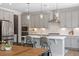 Modern kitchen with gray cabinetry, stainless steel appliances, a center island, and pendant lights at 74 Permit Ct, Chapel Hill, NC 27517