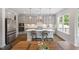 Modern kitchen with stainless steel appliances, gray cabinets, a large island and eat-in dining at 74 Permit Ct, Chapel Hill, NC 27517
