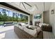 Cozy sunroom featuring comfortable seating, fireplace, and stunning backyard views and pool at 7545 Hasentree Club Dr, Wake Forest, NC 27587