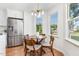 Cozy breakfast nook with hardwood floors, wood table, and backyard views through bright windows at 828 Cotton Pl, Raleigh, NC 27601