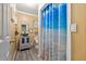 Bathroom featuring a modern vanity with a vessel sink and a shower with an ocean themed curtain at 9801 Honeycutt Rd, Raleigh, NC 27614