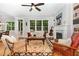 Bright and airy living room with hardwood flooring, a fireplace, and a view of the patio at 105 Everam Ct, Chapel Hill, NC 27516