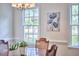 The dining room is naturally lit with large windows and accentuated with a floral painting at 106 Rock Nest Ct, Morrisville, NC 27560
