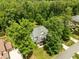 An aerial view showing the house nestled among mature trees with a well maintained lawn at 12216 Kyle Abbey Ln, Raleigh, NC 27613