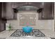 Close-up of a kitchen cooktop with granite countertops, a decorative backsplash, and custom cabinetry at 12216 Kyle Abbey Ln, Raleigh, NC 27613