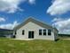Rear exterior view showcasing a modern home design with a sliding glass door and several windows at 125 Fraiser Fir Way, Lillington, NC 27546