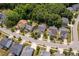 An aerial view of several homes, showcasing landscaping and proximity to wooded areas in a residential neighborhood at 1612 Old Bramble Ln, Fuquay Varina, NC 27526