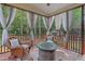 Serene screened porch with a stone fire pit, wicker seating, and views of the wooded surroundings at 1612 Old Bramble Ln, Fuquay Varina, NC 27526
