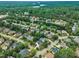 Scenic aerial view of a lush neighborhood, featuring a mix of homes, trees, and a glimpse of a lake at 2224 Narrawood St, Raleigh, NC 27614