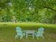 Relaxing backyard area with Adirondack chairs and scenic wooded views at 2815 Orange Grove Rd, Hillsborough, NC 27278
