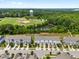 Aerial view of a neighborhood featuring townhomes, green spaces, and recreational areas under a sunny sky at 364 Skymont Dr, Holly Springs, NC 27540