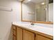Well-lit bathroom featuring a large mirror, white countertop, and shower with glass doors at 4204 Thetford Rd, Durham, NC 27707