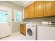 Bright laundry room with washer, dryer, sink, and storage cabinets at 4204 Thetford Rd, Durham, NC 27707