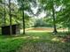 Scenic view of a private pond surrounded by lush greenery and mature trees; includes storage shed at 4204 Thetford Rd, Durham, NC 27707