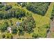 Scenic aerial view of a home surrounded by lush greenery, with a nearby road and a winding river at 4702 Pleasant Green Rd, Durham, NC 27705